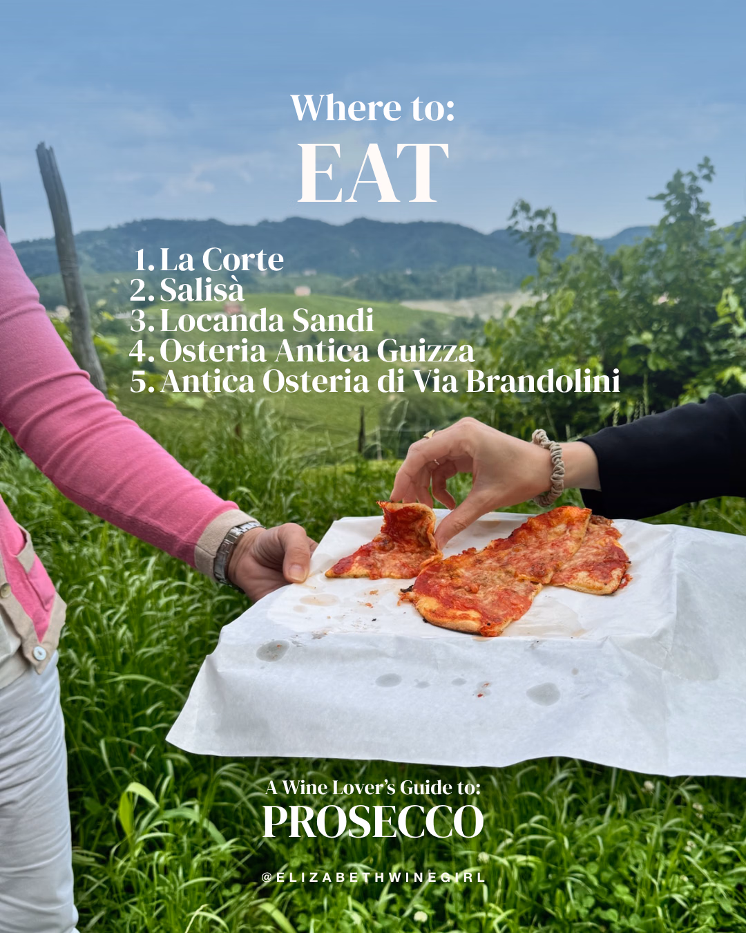 Two people's hands share slices of red-sauced pizza on white paper, with green hillside vineyards behind them and a list of restaurants