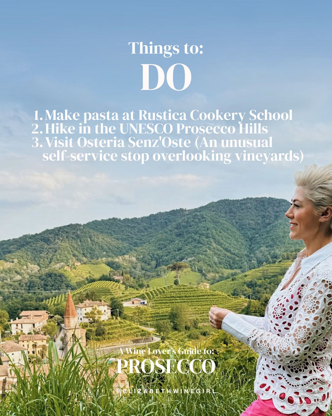 Rolling green vineyards and hillside village with a church tower in the Prosecco Hills, with a woman in white lace looking out over the