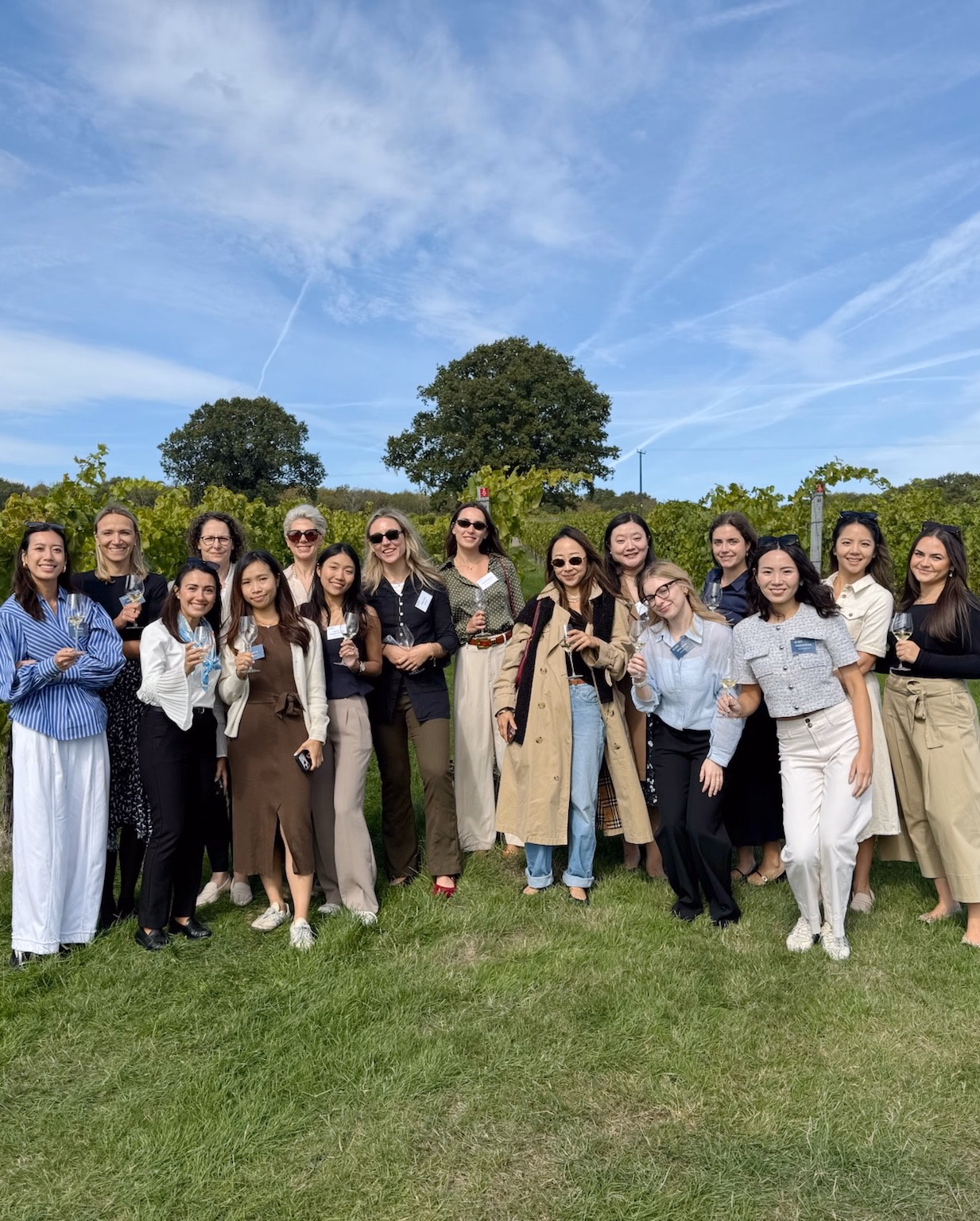Group of smiling women holding wine glasses, standing on grass in a vineyard under a blue sky with trees behind.