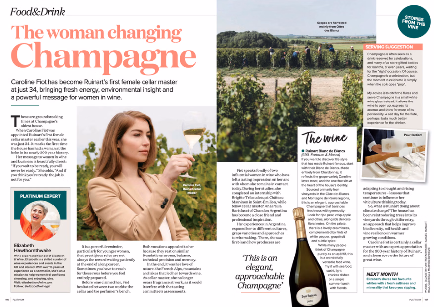 Magazine spread on Ruinart Champagne: a woman in a vineyard beside a headline, a green bottle, and a sidebar on serving tips.