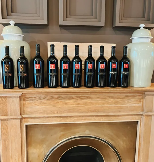 Row of Terramanthia wine bottles displayed on a wooden mantel above a fireplace