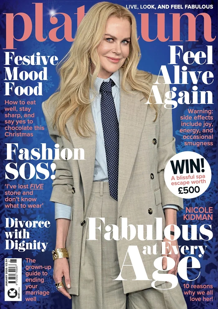 Nicole Kidman on a magazine cover in a beige suit