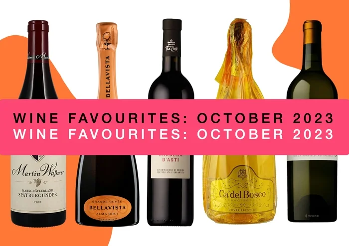 Assorted wine bottles with Wine Favourites October 2023 banner