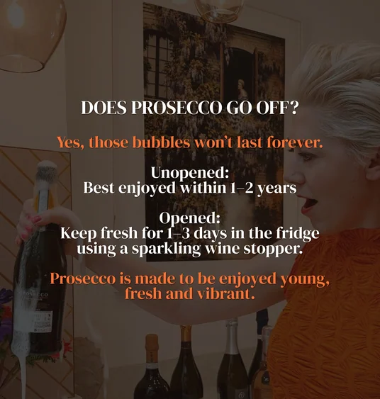 Graphic says Prosecco lasts 1-2 years unopened and 1-3 days opened in the fridge.