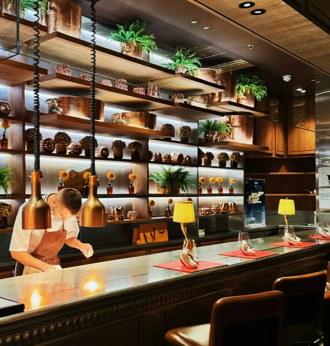 Elegant restaurant bar with a chef, pendant lights, plants and laid tables