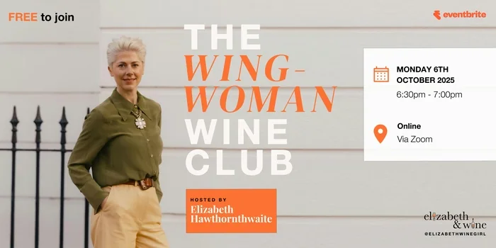 Woman standing beside wine club event poster with date and Zoom details