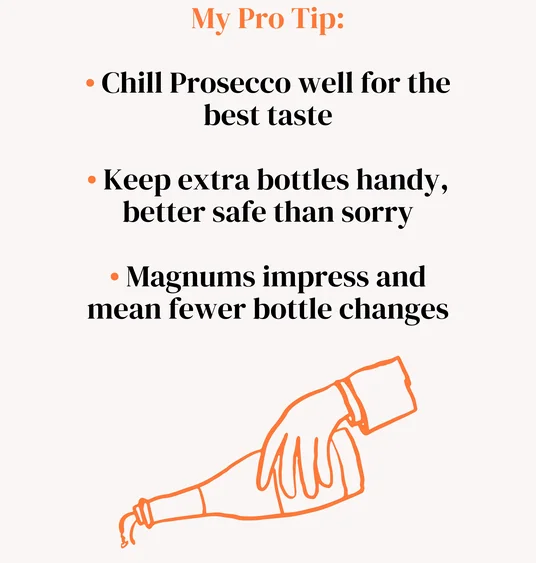 Graphic with Prosecco serving tips and an orange illustration of a hand holding a bottle
