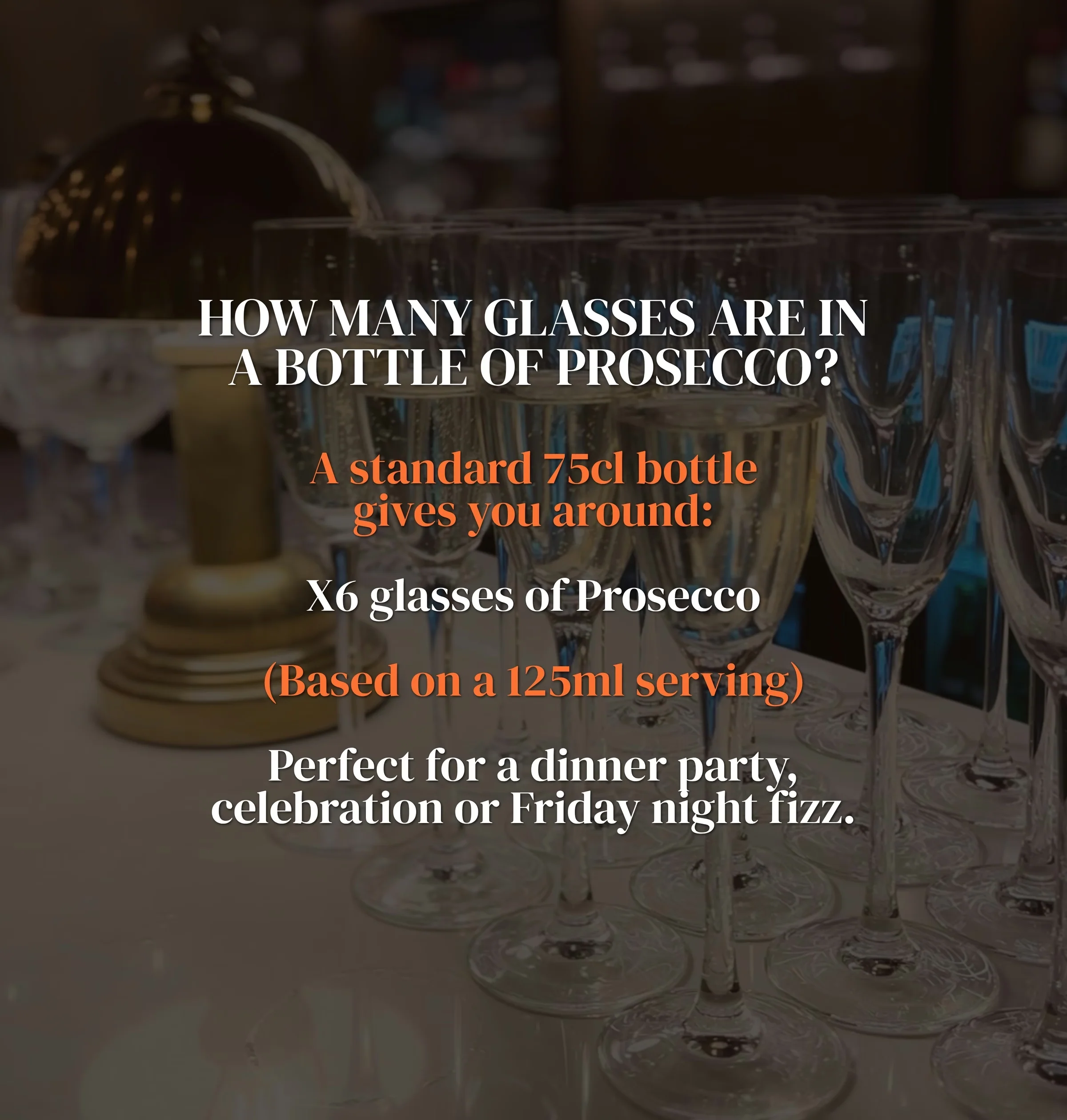 Graphic stating that a standard 75cl bottle of Prosecco gives around six 125ml glasses, over sparkling wine glasses
