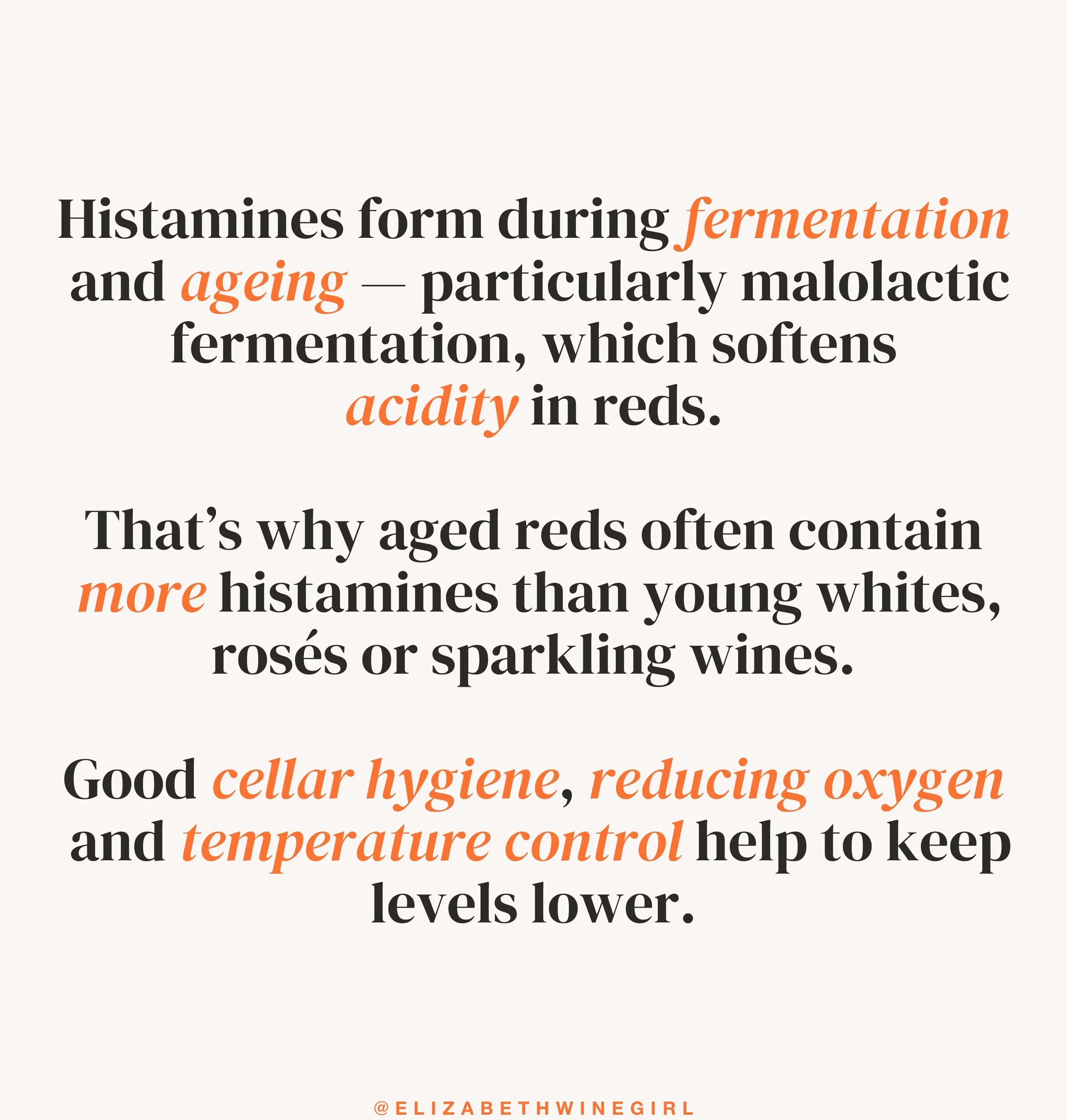 Graphic explaining how fermentation and ageing affect histamine levels in wine