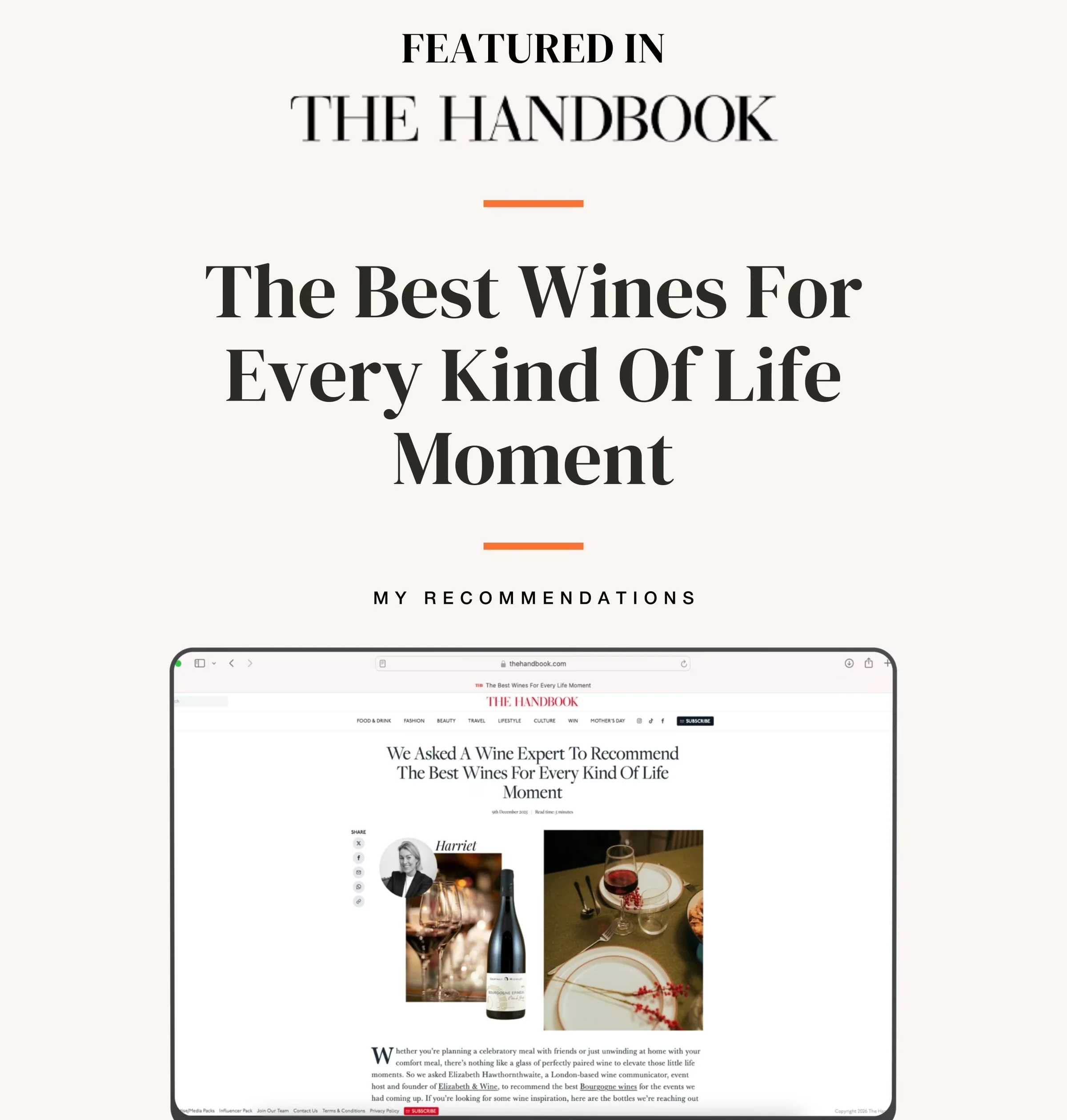 Elizabeth & Wine featured in The Handbook article about choosing wines for different life moments