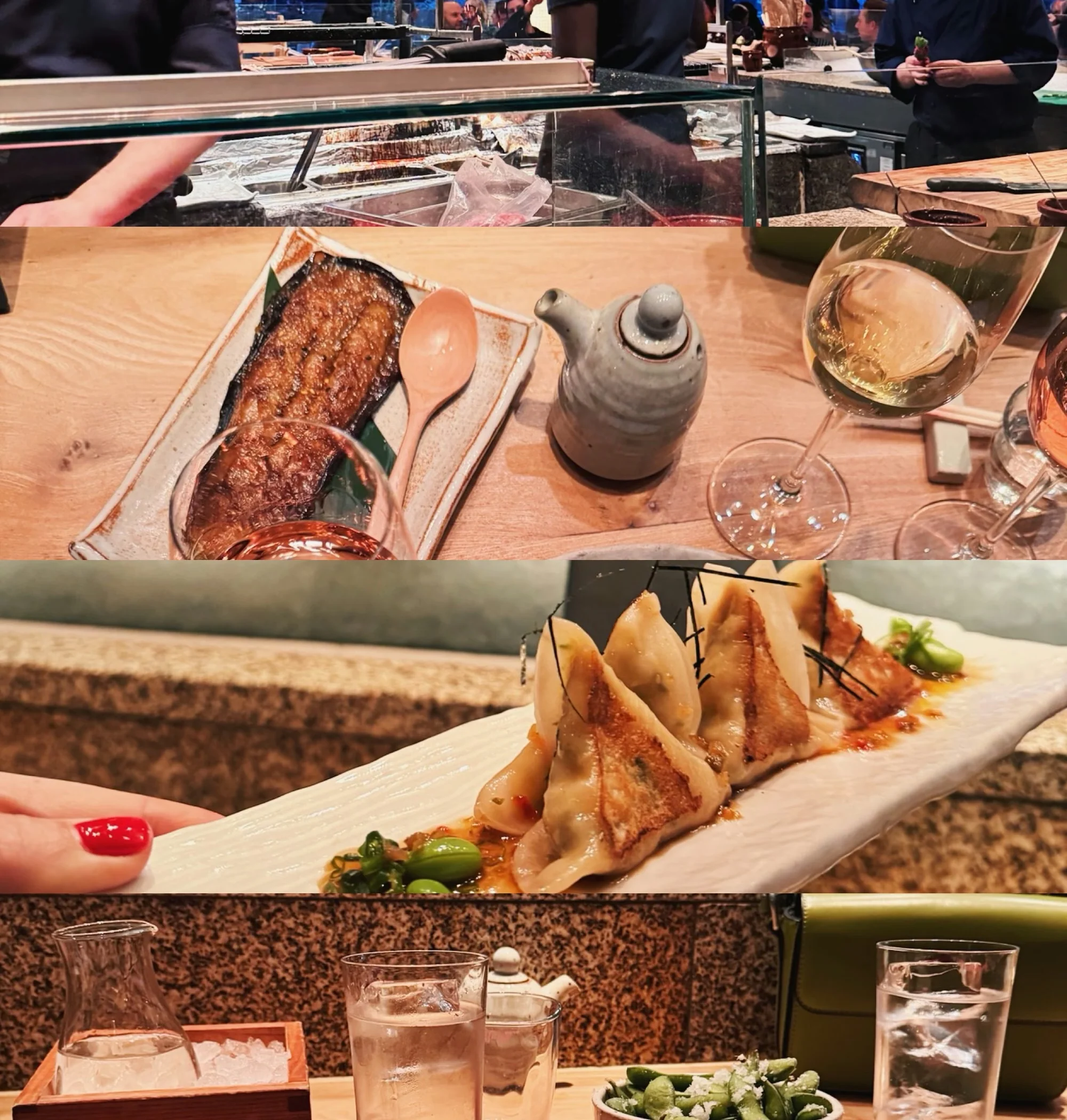 Japanese restaurant counter, plated dishes, wine glasses and drinks on a dining table
