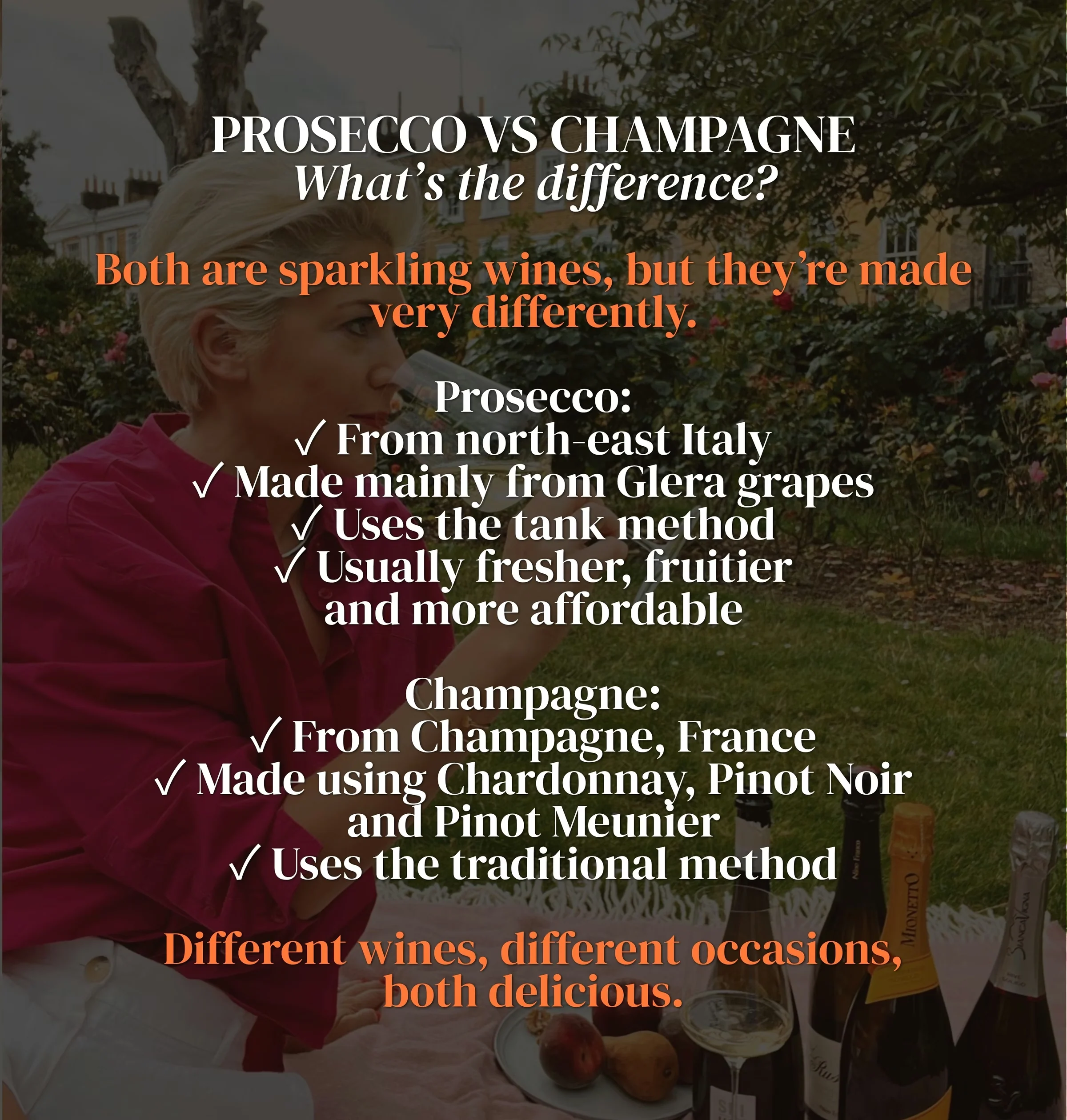 Graphic comparing Prosecco and Champagne, listing their origins, grapes, production methods and styles.