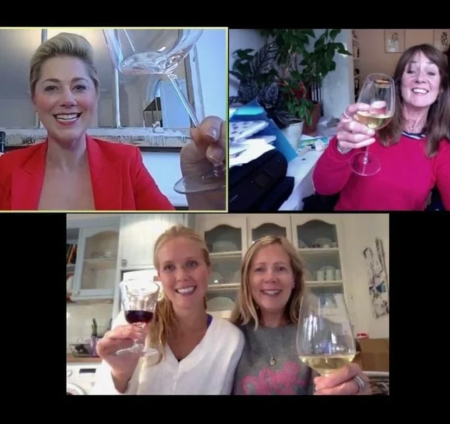 Screenshots of Elizabeth Hawthornthwaite and four women raising wine glasses during virtual tastings.
