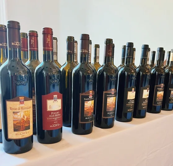 Rows of Castello Banfi wine bottles arranged on a white table