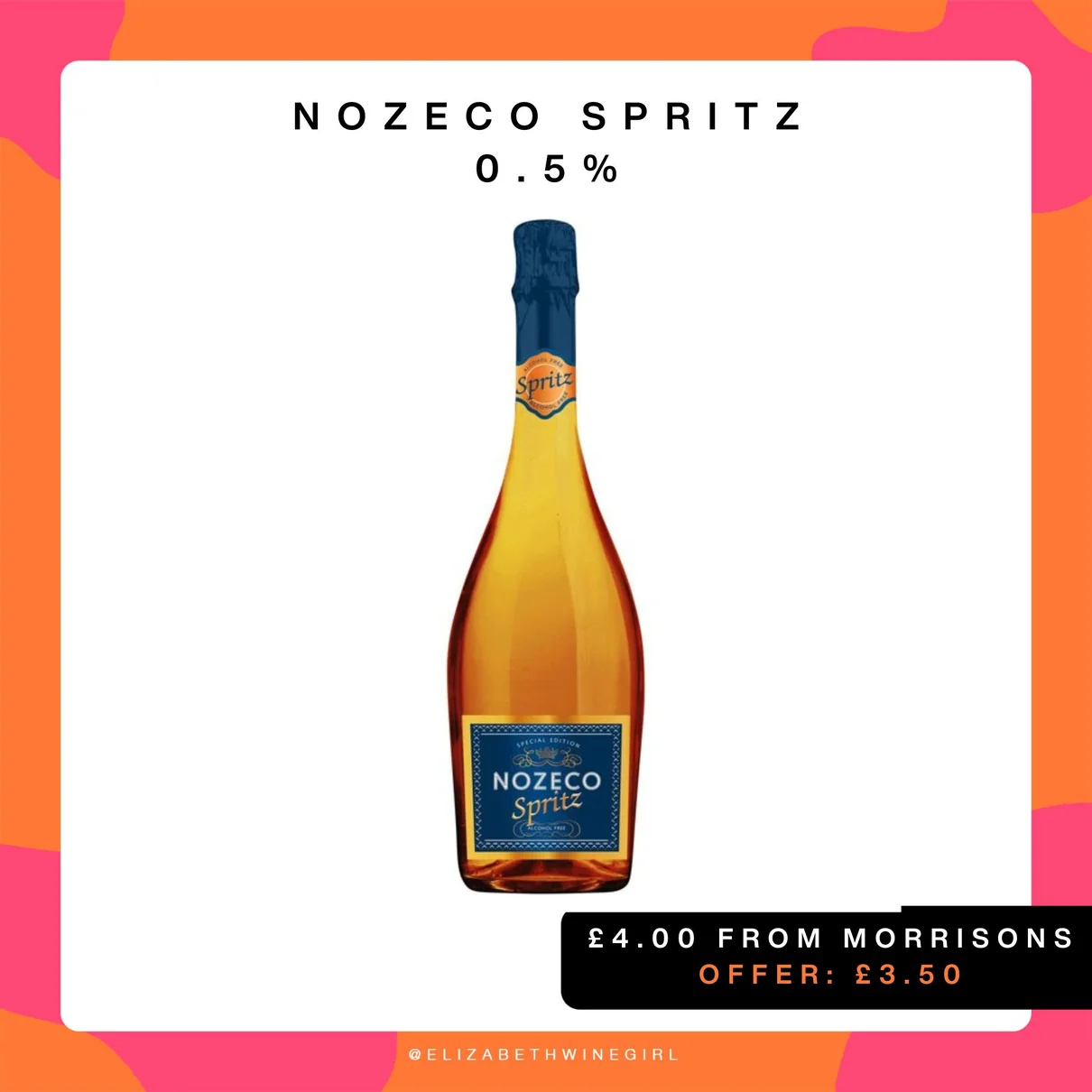 Nozeco Spritz alcohol free sparkling bottle on colourful background