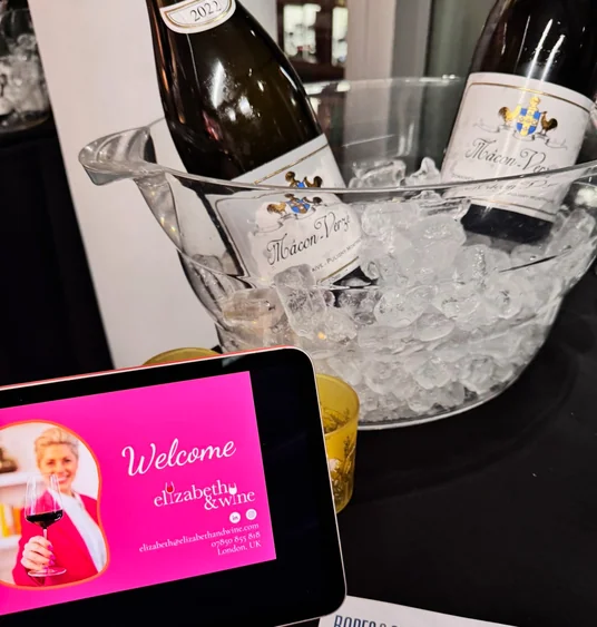 Wine bottles chilling in an ice bucket beside an Elizabeth & Wine welcome screen at a private tasting.