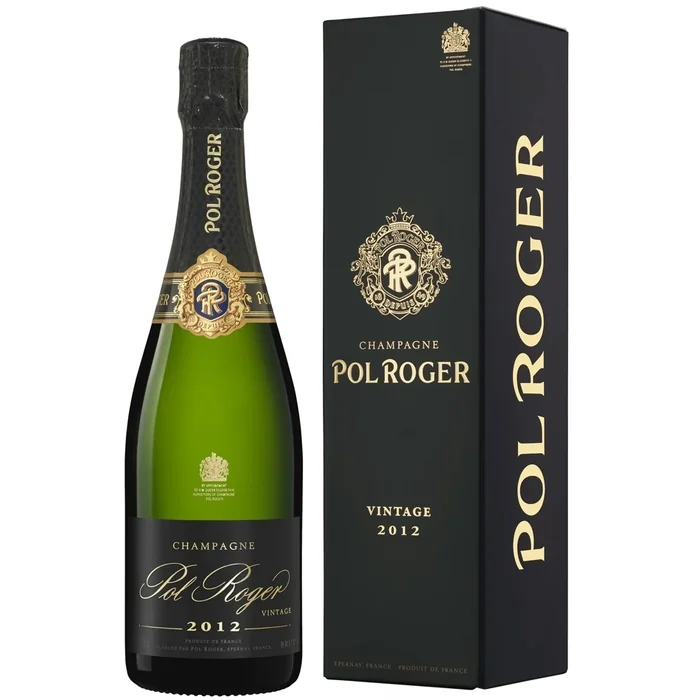 Pol Roger Champagne bottle and gift box on white background