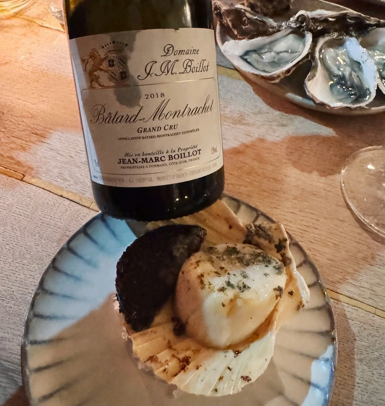 Jean-Marc Boillot 2018 Bâtard-Montrachet with oysters and scallop dish