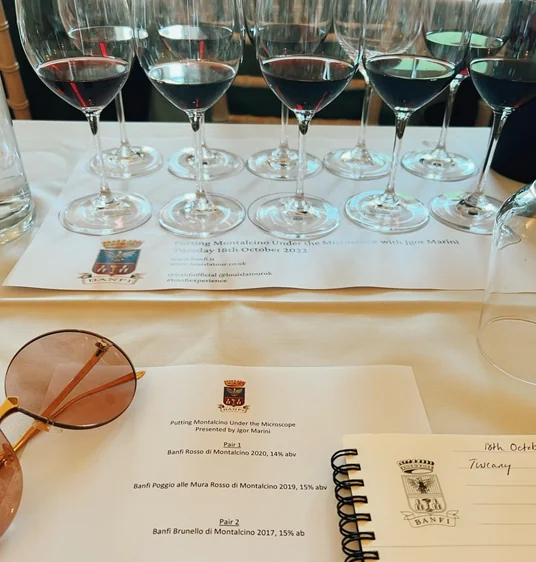 Rows of red wine glasses beside Banfi tasting notes on a set table