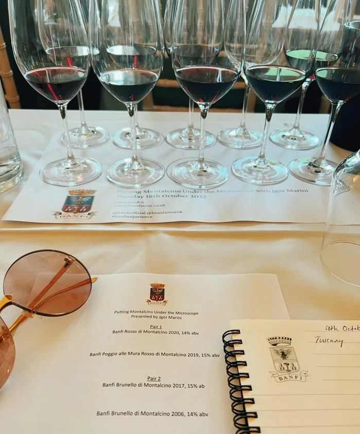 Rows of red wine glasses beside Banfi tasting notes on a set table