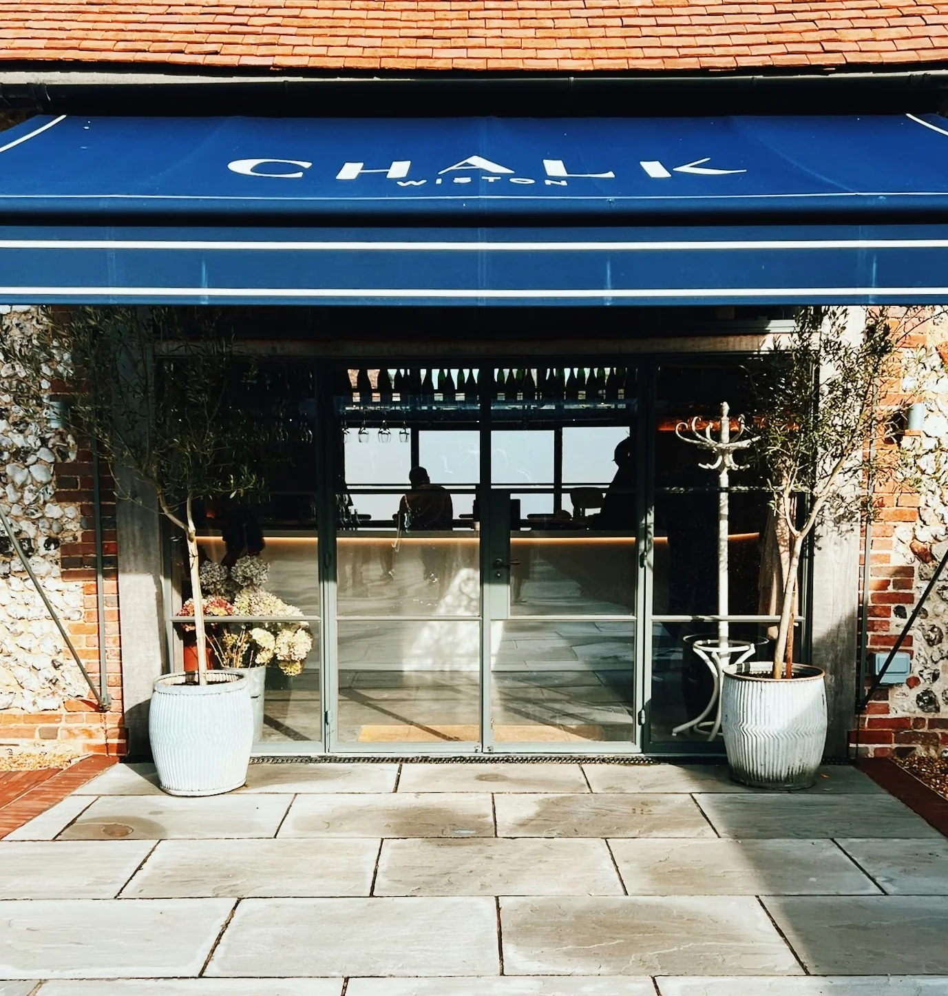 Entrance to a venue with blue awning, glass doors and potted trees