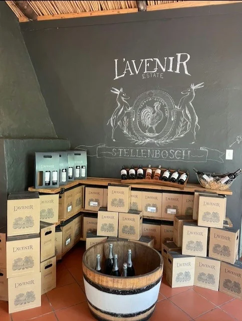 Lavenir Estate wine display with bottles and stacked boxes in cellar