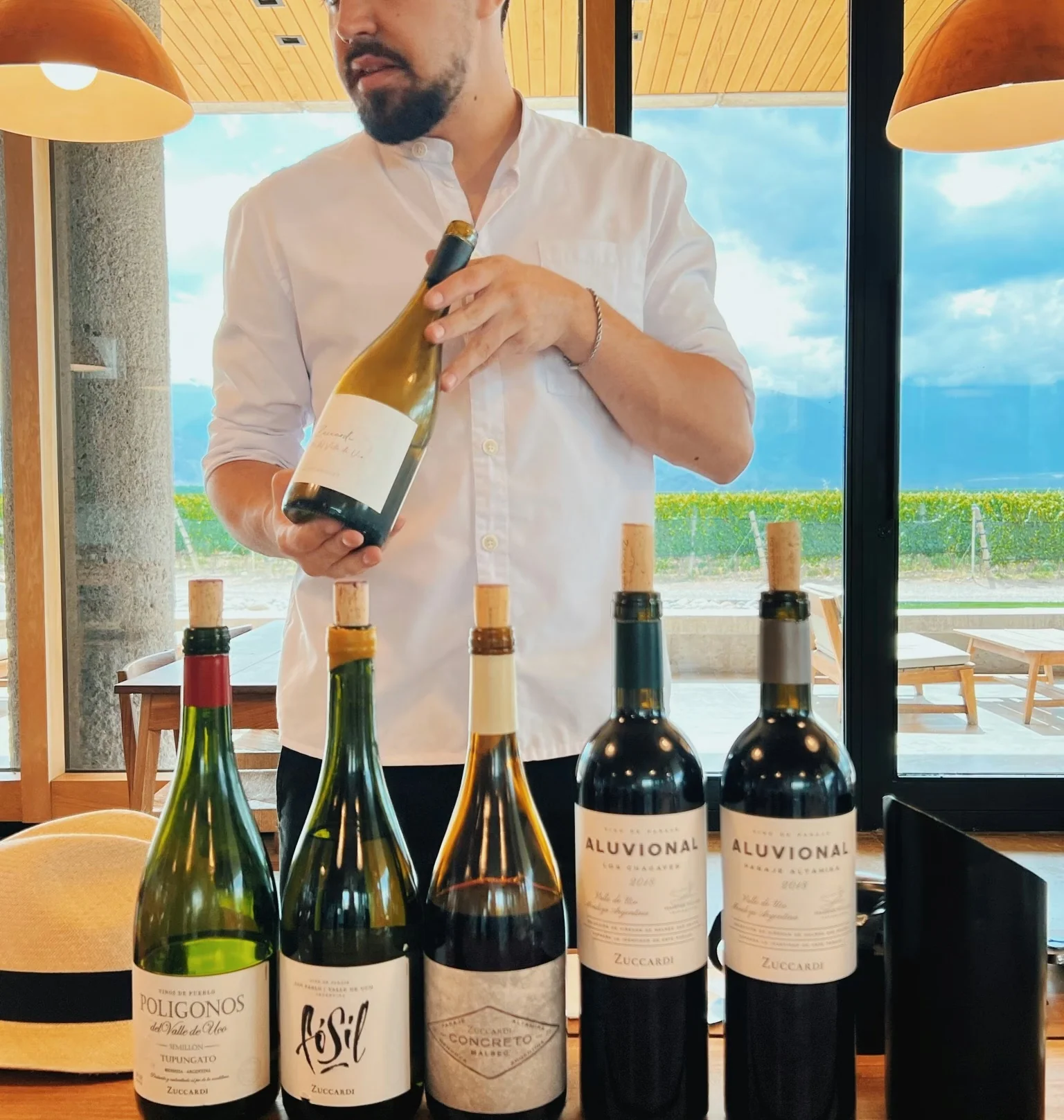 Man holding a wine bottle beside five Zuccardi bottles, with vineyard views through the windows