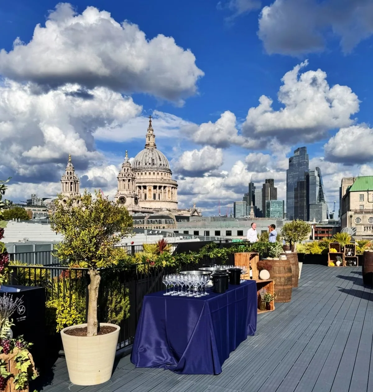 Rooftop wine tasting setup with glasses, plants and views of St Paul's Cathedral and London's skyline