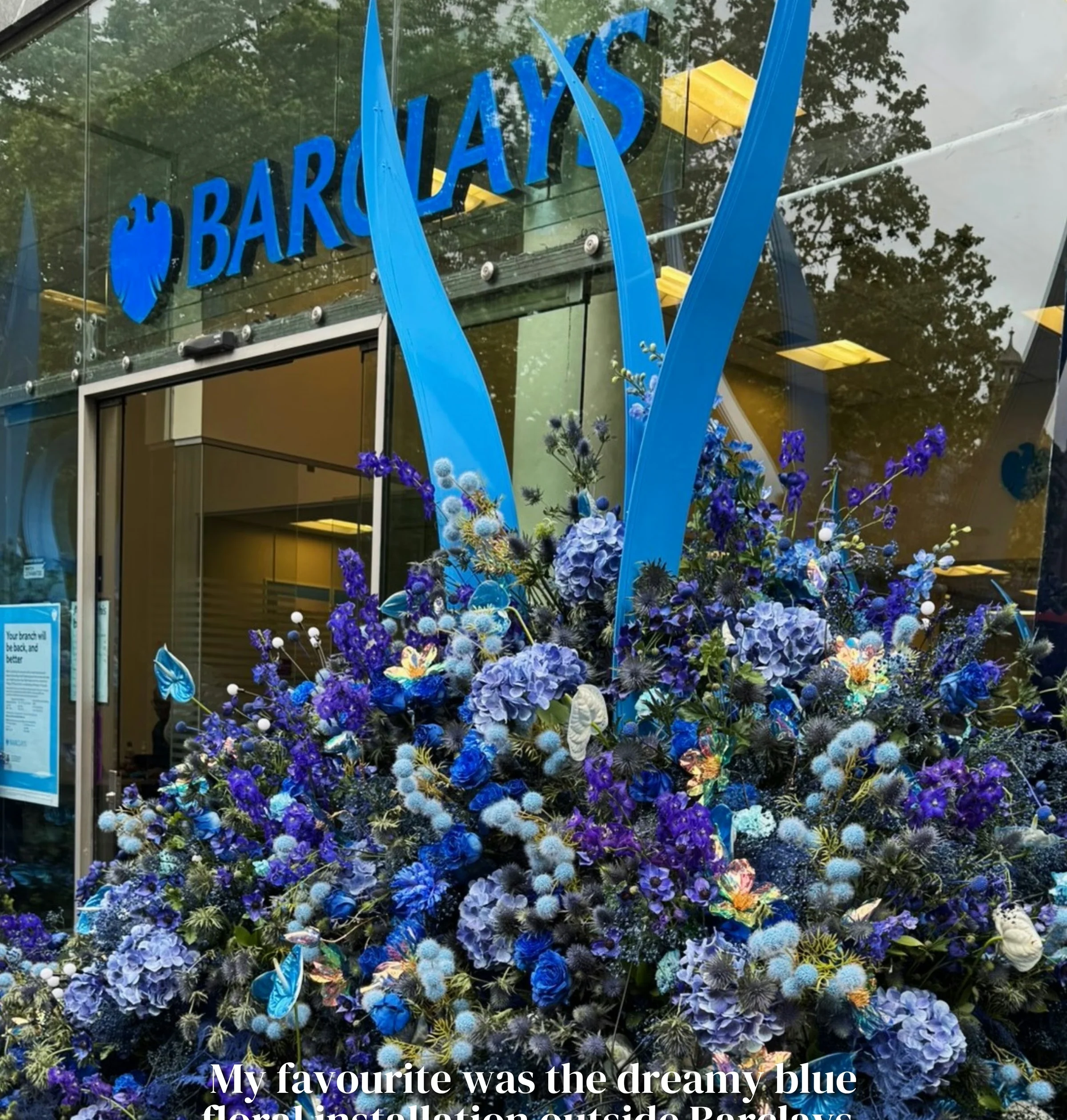 Blue floral installation outside Barclays at the Chelsea Flower Show