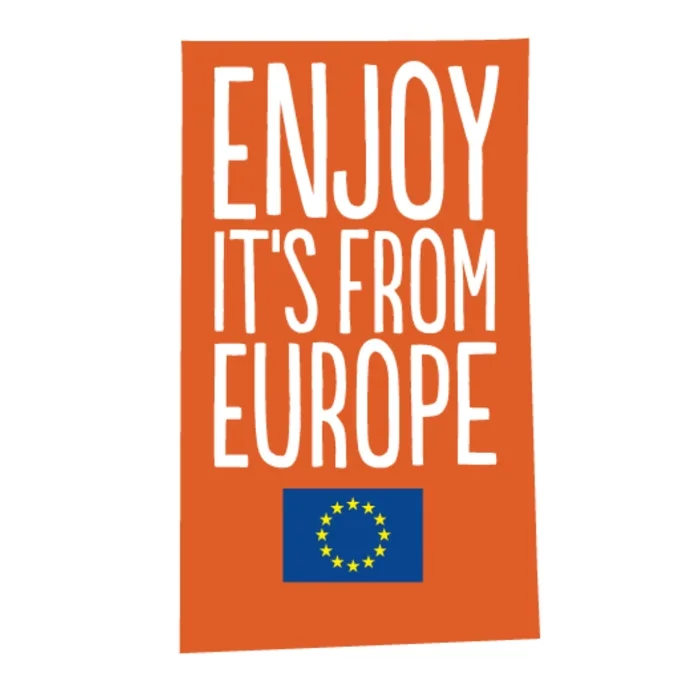 Orange graphic reading “ENJOY IT’S FROM EUROPE”, with the European Union flag below