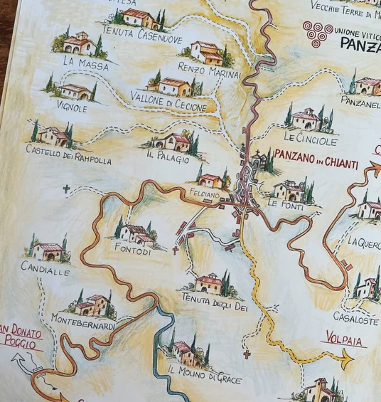 Illustrated map of Chianti showing Fontodi, Panzano in Chianti and nearby wineries