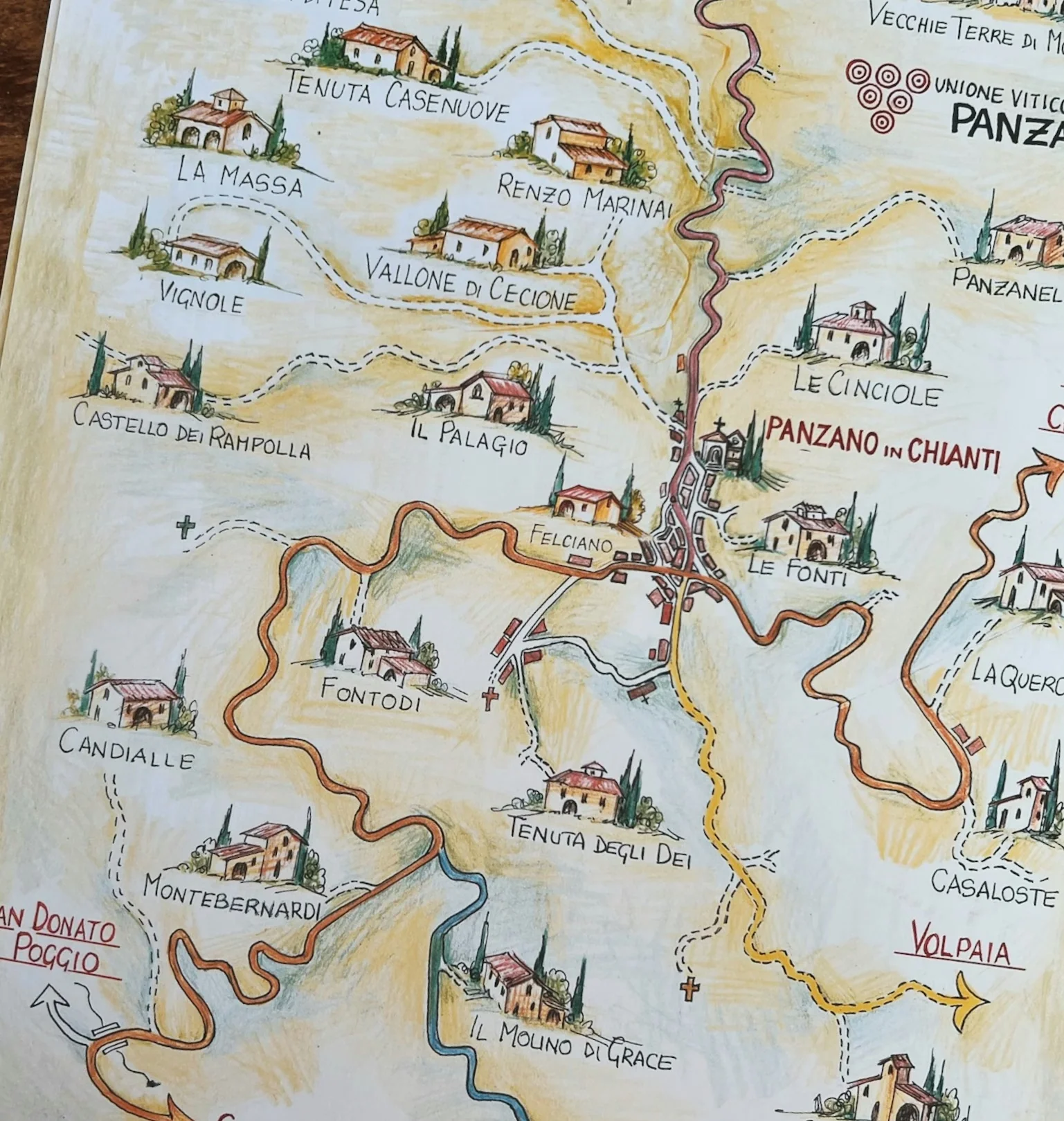 Illustrated map of Chianti showing Fontodi, Panzano in Chianti and nearby wineries