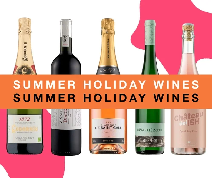 Assorted sparkling wine bottles with Summer Holiday Wines banner