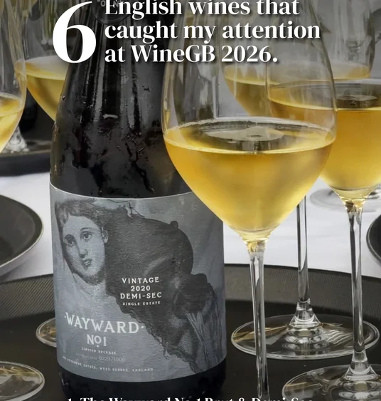 Wayward No.1 wine bottle and glasses, with text: “6 English wines that caught my attention at WineGB 2026.”
