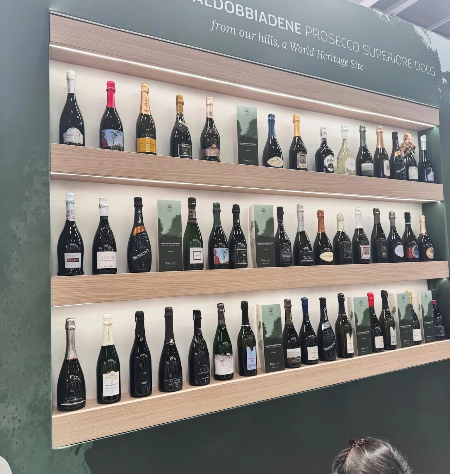 Shelves of Prosecco bottles beneath a sign reading Conegliano Valdobbiadene Prosecco Superiore DOCG