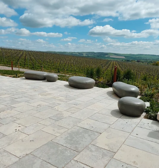 Vineyard rows and rolling Hampshire countryside viewed from a paved terrace with smooth stone seats