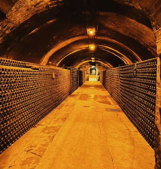 Arched Champagne cellar lined with thousands of bottles, lit by warm overhead lights