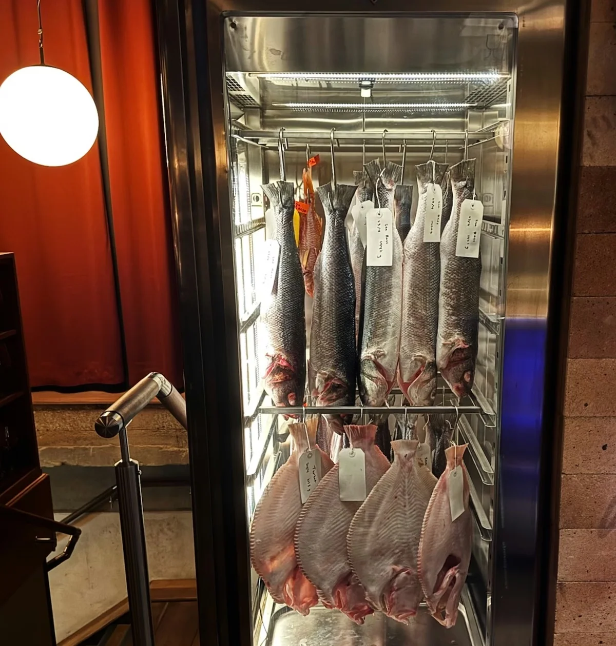 Whole fish displayed in a chilled cabinet beside a red curtain and pendant light