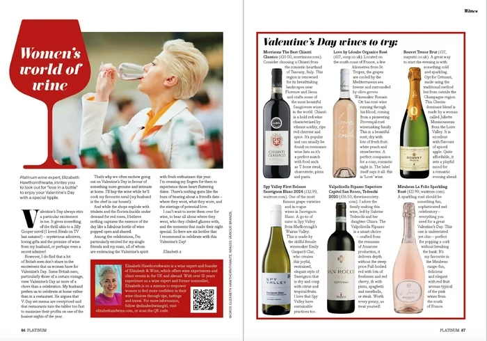 Magazine spread about women’s world of wine and Valentine’s Day wines