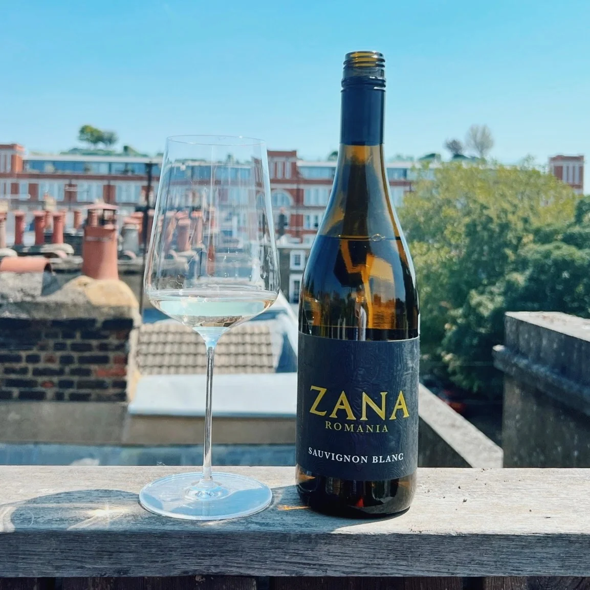 Wine glass and Sauvignon Blanc bottle on rooftop terrace