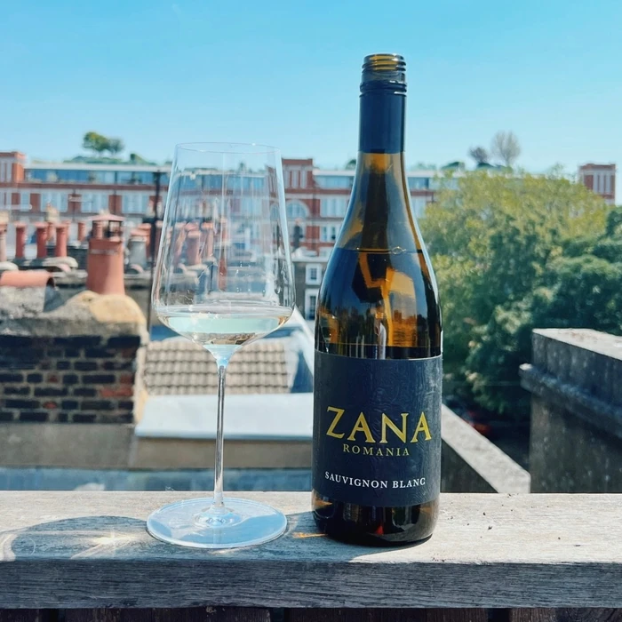 Wine glass and Sauvignon Blanc bottle on rooftop terrace