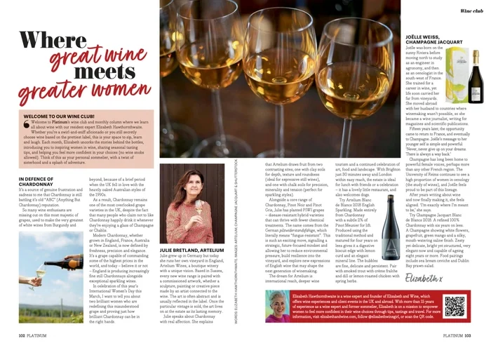 Wine glasses filled with white wine on a magazine spread