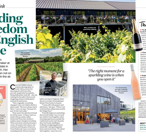 Platinum magazine spread about Bolney Wine Estate, with vineyard, winery and English rosé bottle