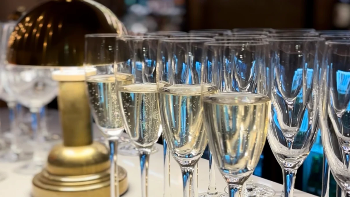 Rows of champagne flutes ready for a wine event