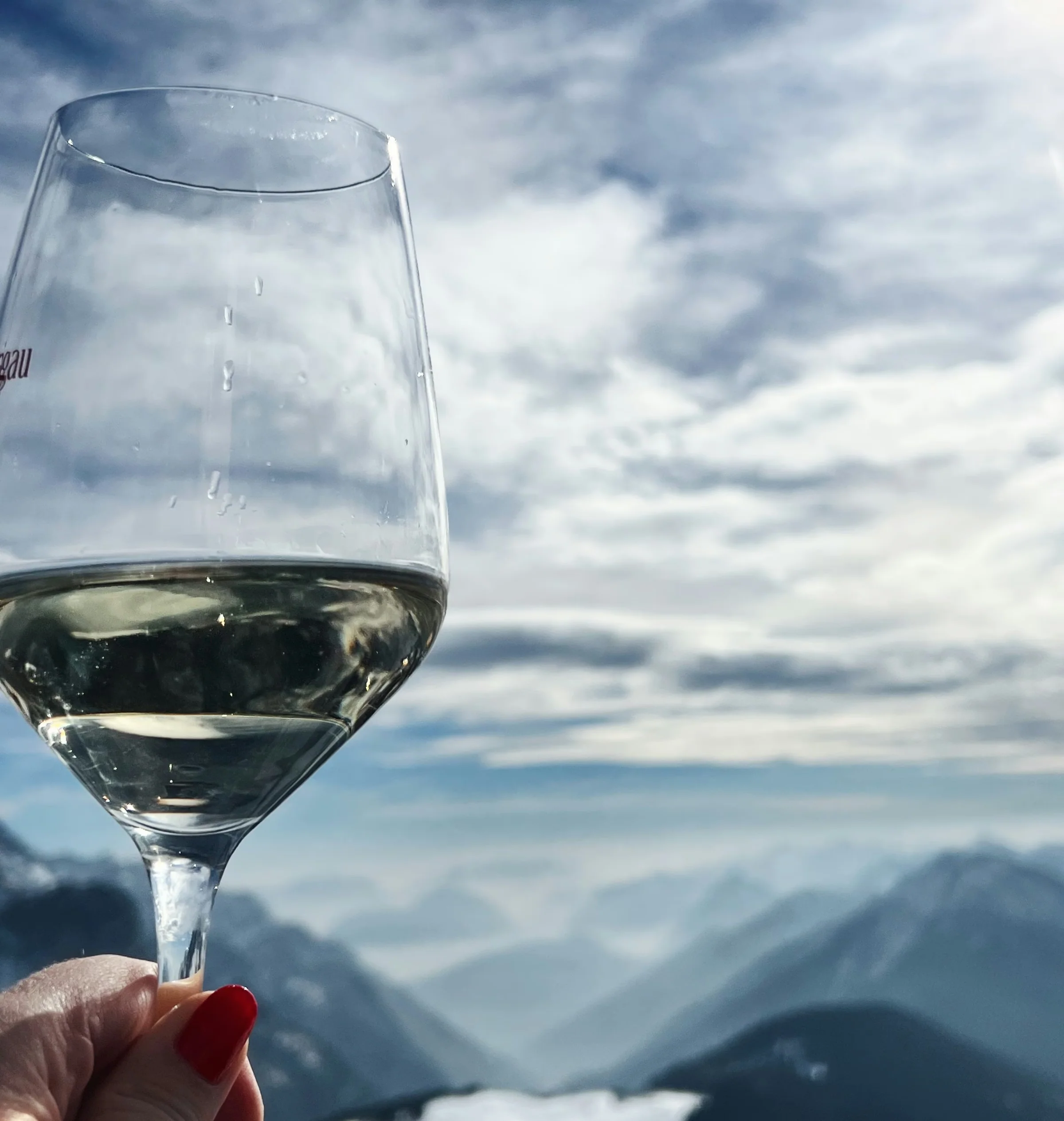 A hand holds a glass of white wine against a snowy mountain landscape beneath a cloudy sky