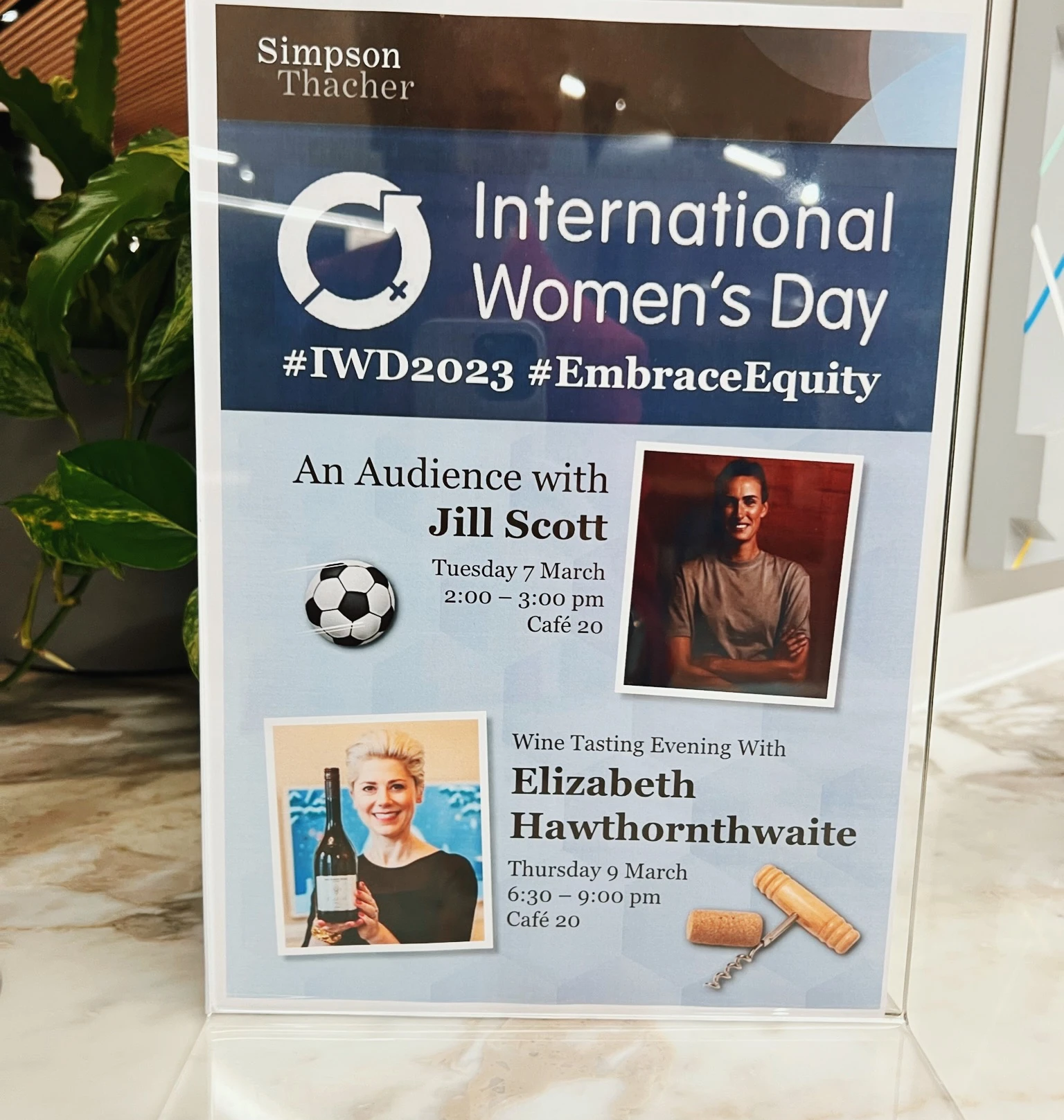 Framed International Women's Day poster advertising a wine tasting evening with Elizabeth Hawthornthwaite