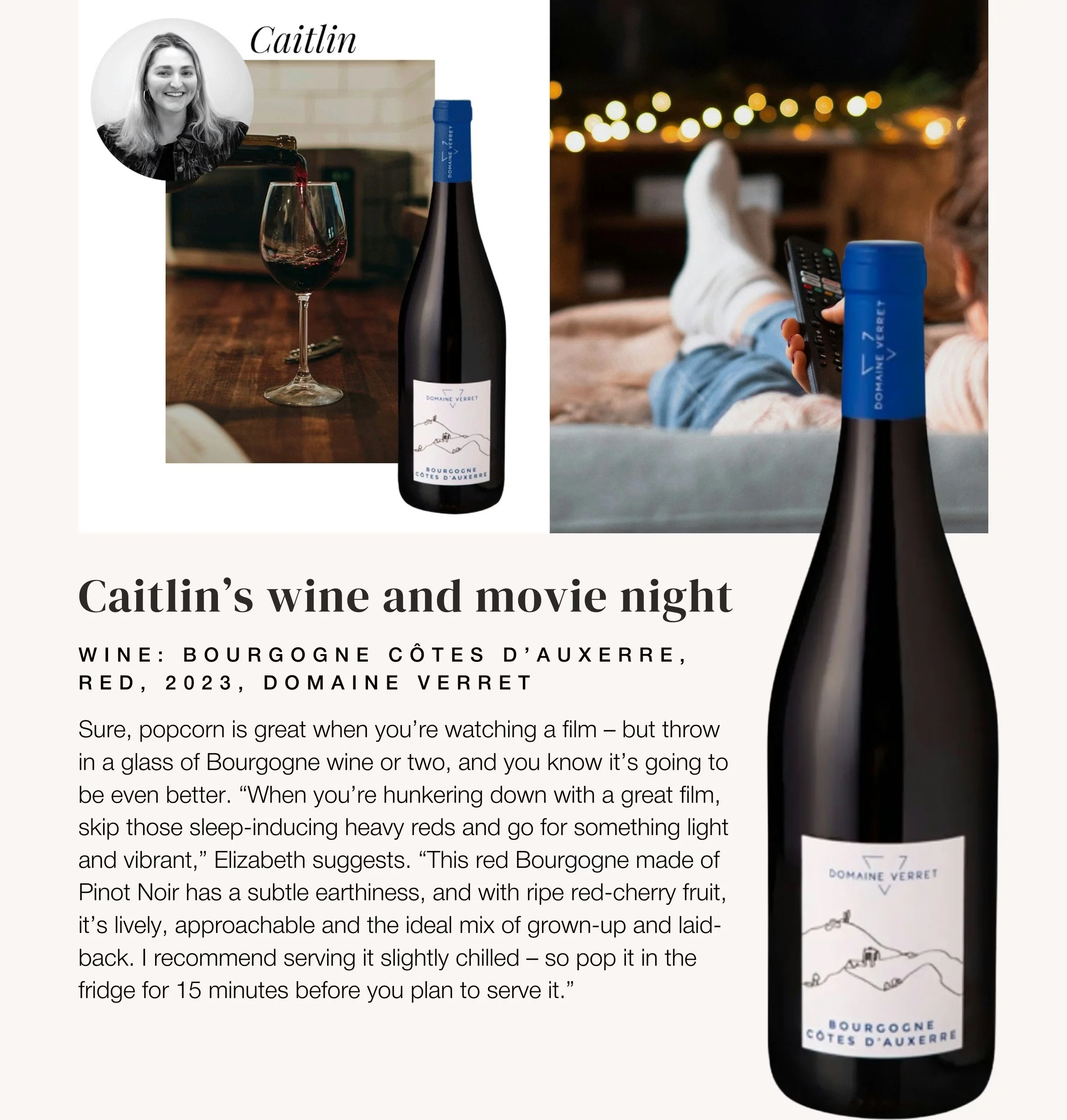 The Handbook feature about Caitlin's wine and movie night, with a red Burgundy bottle and home viewing scene