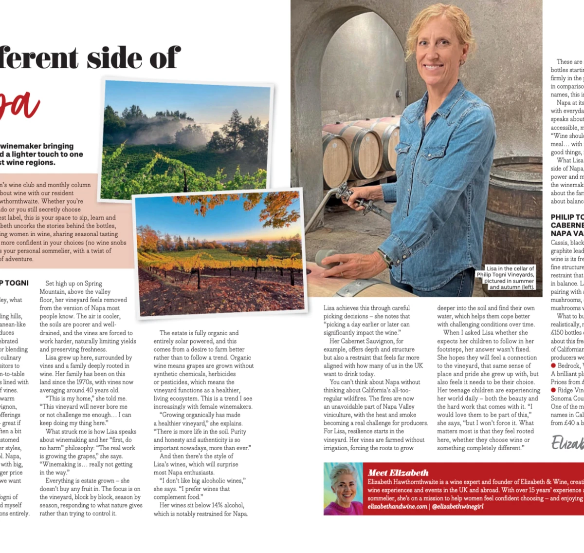 Two-page Platinum Magazine spread titled ‘A different side of Napa’, with Lisa Togni in a cellar and vineyard photos.