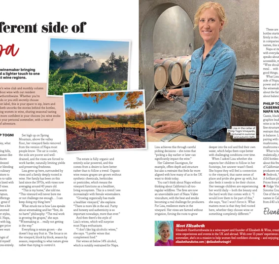 Two-page Platinum Magazine spread titled ‘A different side of Napa’, with Lisa Togni in a cellar and vineyard photos.