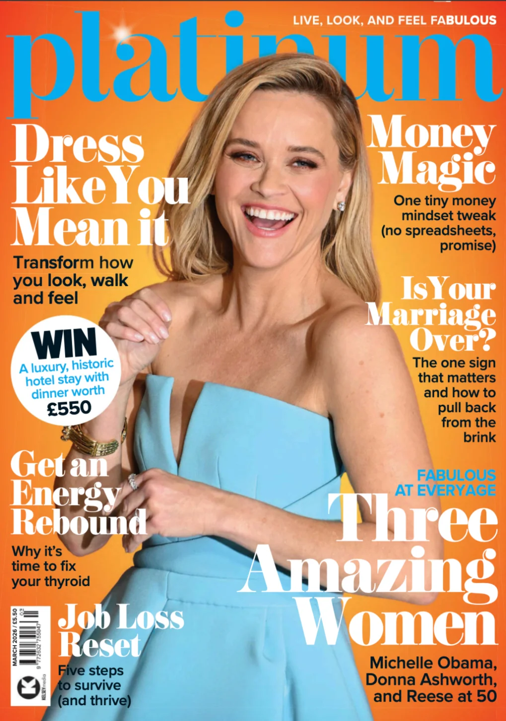 Smiling woman in blue strapless dress on magazine cover